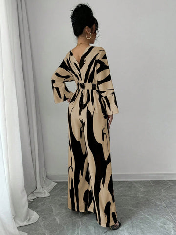 Asymmetrical Black & White Print Shirred Jumpsuit For Women, Drawstring Waist Wide Leg Casual Commuter Jumpsuit For Ladies