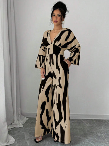 Asymmetrical Black & White Print Shirred Jumpsuit For Women, Drawstring Waist Wide Leg Casual Commuter Jumpsuit For Ladies