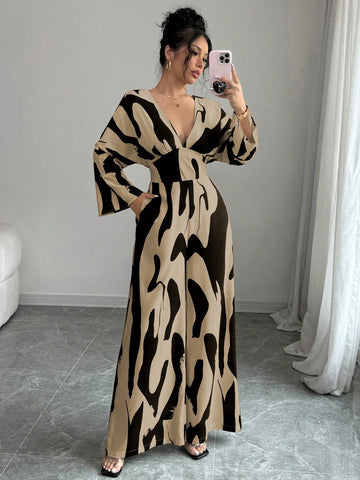 Asymmetrical Black & White Print Shirred Jumpsuit For Women, Drawstring Waist Wide Leg Casual Commuter Jumpsuit For Ladies