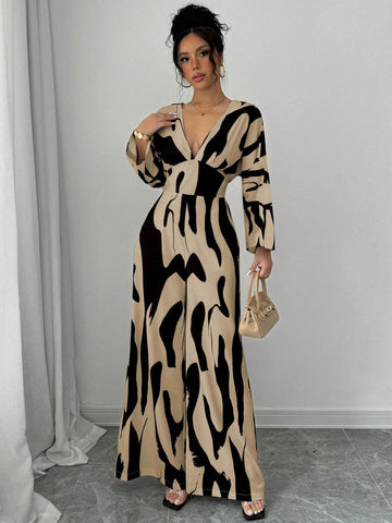 Asymmetrical Black & White Print Shirred Jumpsuit For Women, Drawstring Waist Wide Leg Casual Commuter Jumpsuit For Ladies