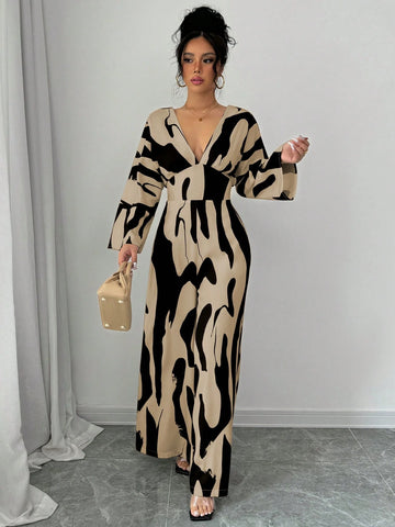 Asymmetrical Black & White Print Shirred Jumpsuit For Women, Drawstring Waist Wide Leg Casual Commuter Jumpsuit For Ladies