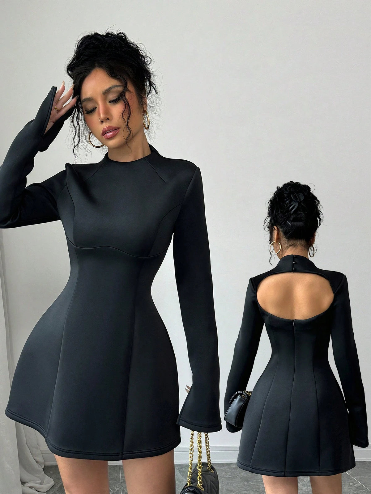 Backless Round Neck A-Line Solid Color Fitted Long Sleeve Dress