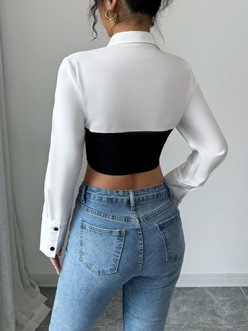 Casual Versatile Fashionable Black And White Patchwork Women Blouse