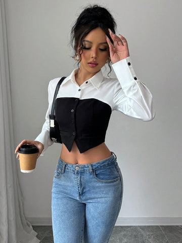 Casual Versatile Fashionable Black And White Patchwork Women Blouse