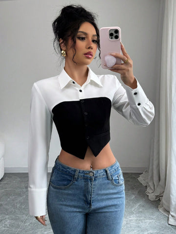 Casual Versatile Fashionable Black And White Patchwork Women Blouse