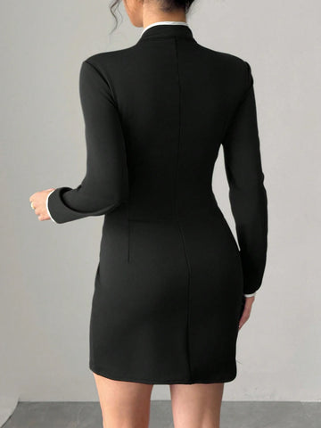 Elegant Flare Sleeve Button Decor Fitted Oriental Style New Year Party Holiday Dress