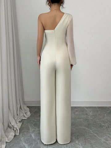 Elegant One-Shoulder, One Long Sleeve Chiffon Hemi-Bandeau, Hemi Backless Decor Chiffon Jumpsuit In Light Khaki, Spring/Summer For Women