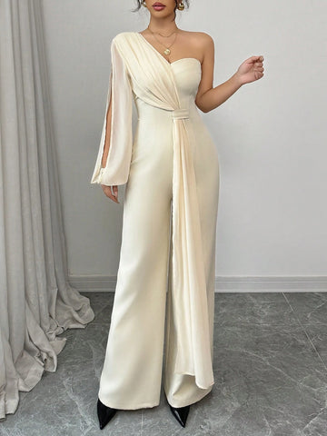 Elegant One-Shoulder, One Long Sleeve Chiffon Hemi-Bandeau, Hemi Backless Decor Chiffon Jumpsuit In Light Khaki, Spring/Summer For Women