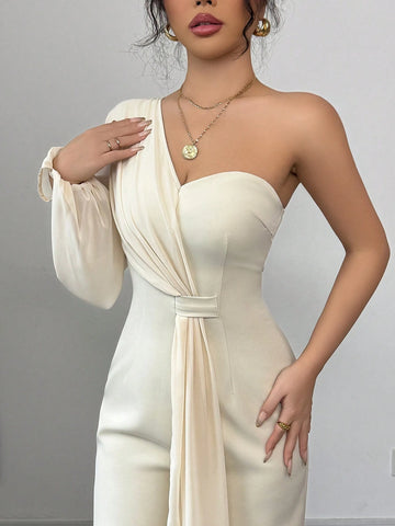 Elegant One-Shoulder, One Long Sleeve Chiffon Hemi-Bandeau, Hemi Backless Decor Chiffon Jumpsuit In Light Khaki, Spring/Summer For Women