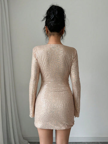 Elegant Sexy Luxury High-End Square Neck Sequin Bodycon Dress, Unique Design Slimming Midi Dress