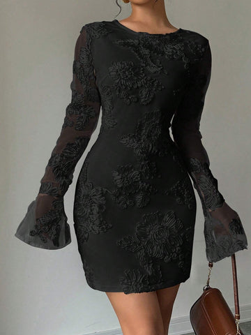 Elegant Solid Color Jacquard Flare Sleeve Bodycon Dress, Autumn
