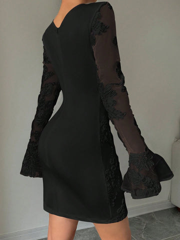 Elegant Solid Color Jacquard Flare Sleeve Bodycon Dress, Autumn