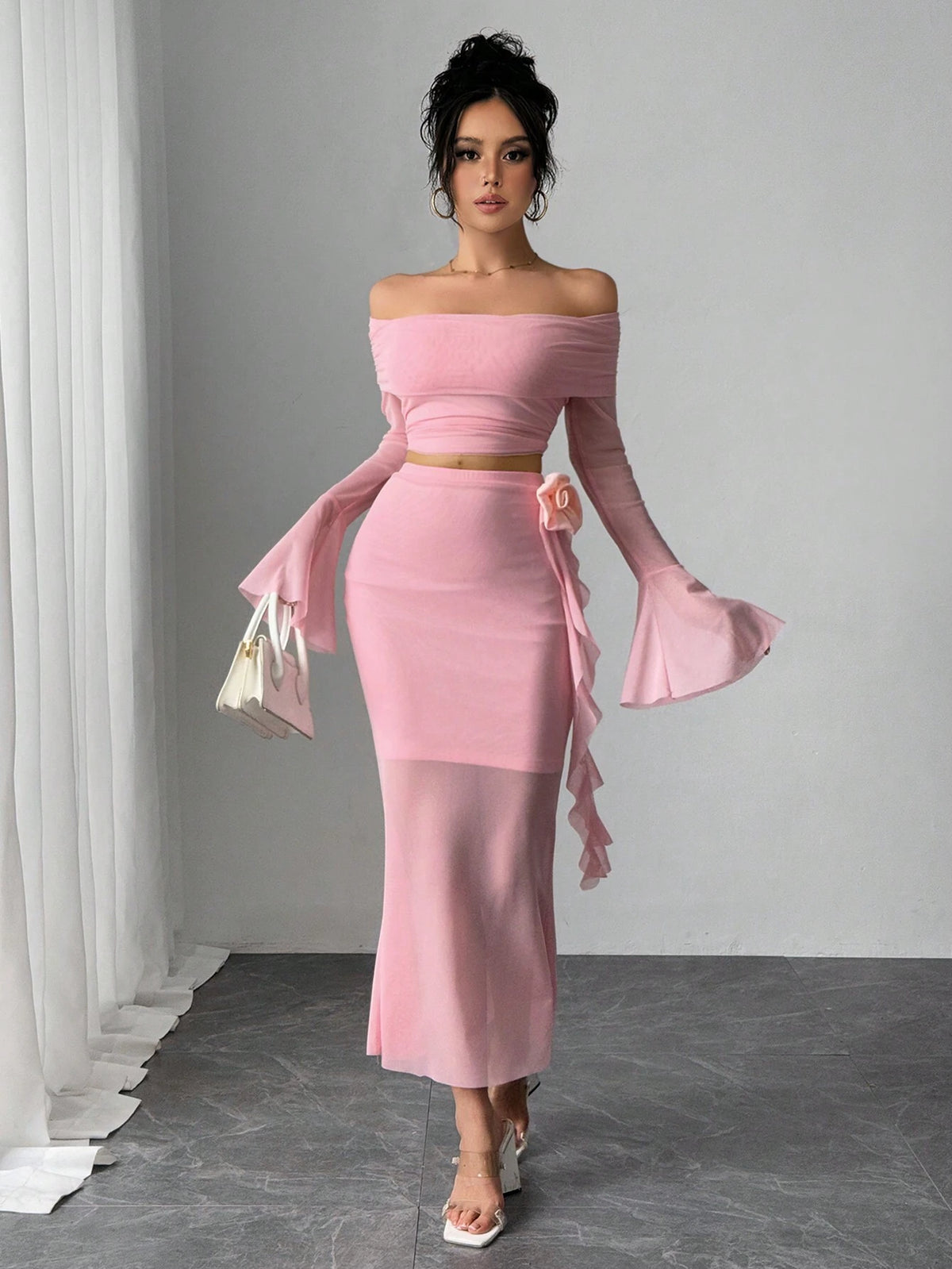 Fashionable Sexy Long Sleeve Off Shoulder Crop Top And Bodycon Mini Skirt 2-Piece Set