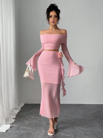 Fashionable Sexy Long Sleeve Off Shoulder Crop Top And Bodycon Mini Skirt 2-Piece Set