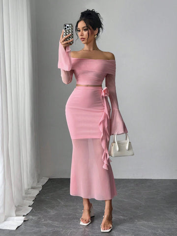 Fashionable Sexy Long Sleeve Off Shoulder Crop Top And Bodycon Mini Skirt 2-Piece Set