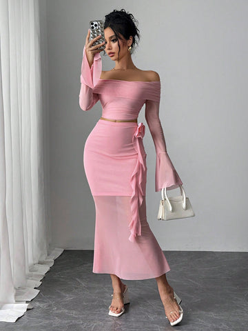 Fashionable Sexy Long Sleeve Off Shoulder Crop Top And Bodycon Mini Skirt 2-Piece Set