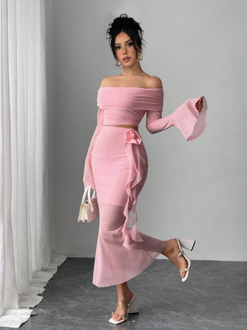 Fashionable Sexy Long Sleeve Off Shoulder Crop Top And Bodycon Mini Skirt 2-Piece Set