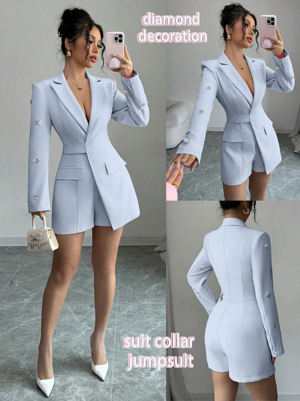 Glamine Elegant Pink Knitted Long-Sleeved Slim-Fitting Jumpsuit For Women, With Diamond Decoration On Sleeves, Suitable For Autumn And Winter, Suitable For Work, Daily Dating And Parties