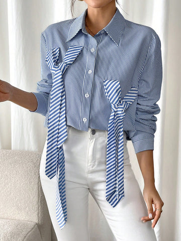 Raffinéa Long Sleeve Shirt With Bow Tie Decor On Collar & Front Panel