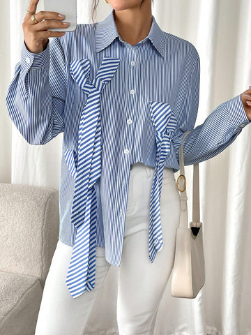 Raffinéa Long Sleeve Shirt With Bow Tie Decor On Collar & Front Panel