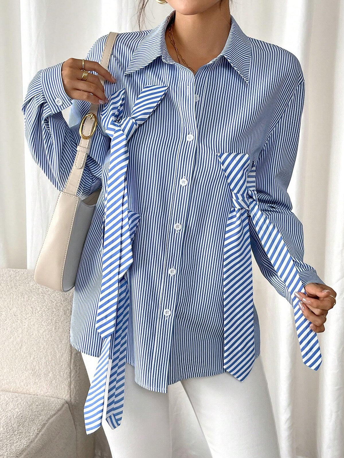 Raffinéa Long Sleeve Shirt With Bow Tie Decor On Collar & Front Panel