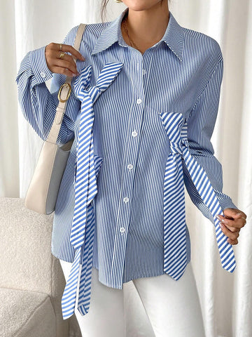 Raffinéa Long Sleeve Shirt With Bow Tie Decor On Collar & Front Panel