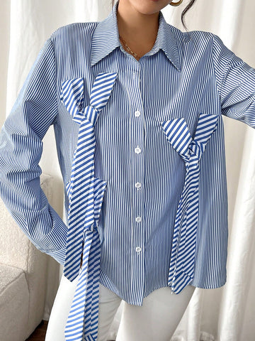 Raffinéa Long Sleeve Shirt With Bow Tie Decor On Collar & Front Panel