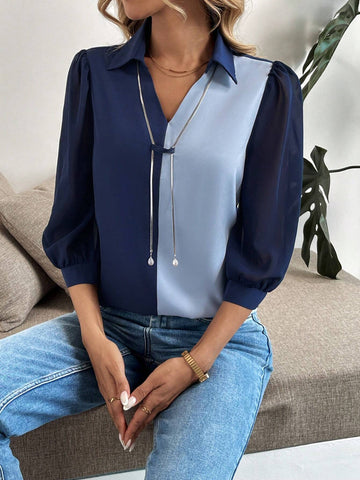 Loose Casual Elegant Commuter Daily Versatile Chiffon Patchwork 3/4 Sleeve Pearl Chain Decor Non-Stretch Woven Two-Tone Blue Women Shirt,