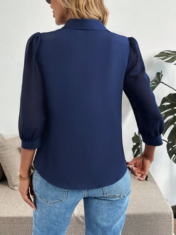 Loose Casual Elegant Commuter Daily Versatile Chiffon Patchwork 3/4 Sleeve Pearl Chain Decor Non-Stretch Woven Two-Tone Blue Women Shirt,