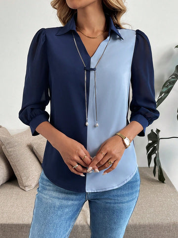 Loose Casual Elegant Commuter Daily Versatile Chiffon Patchwork 3/4 Sleeve Pearl Chain Decor Non-Stretch Woven Two-Tone Blue Women Shirt,