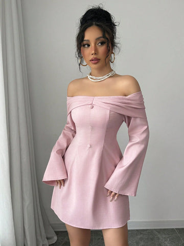 Off-Shoulder Long Sleeve Short Dress, Solid Color Minimalist Fashion, Casual Daily Wear