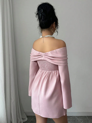 Off-Shoulder Long Sleeve Short Dress, Solid Color Minimalist Fashion, Casual Daily Wear