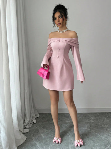 Off-Shoulder Long Sleeve Short Dress, Solid Color Minimalist Fashion, Casual Daily Wear