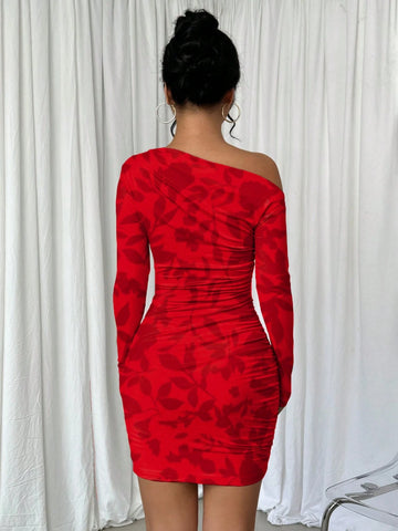 Romantic Botanical Print Asymmetric Ruffle Trim Dress