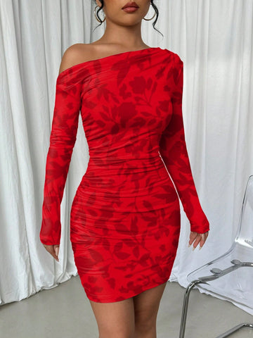 Romantic Botanical Print Asymmetric Ruffle Trim Dress