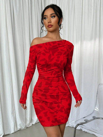 Romantic Botanical Print Asymmetric Ruffle Trim Dress