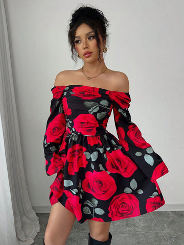 Rose Flower Print Ruched Chest Design Waist Ruched Short Dress With Puff Sleeves, Elegant