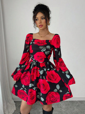 Rose Flower Print Ruched Chest Design Waist Ruched Short Dress With Puff Sleeves, Elegant