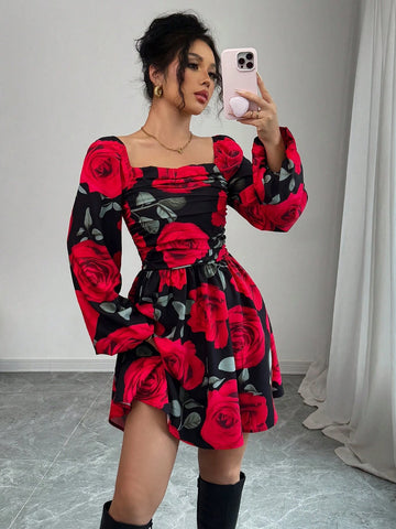 Rose Flower Print Ruched Chest Design Waist Ruched Short Dress With Puff Sleeves, Elegant
