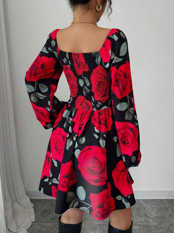 Rose Flower Print Ruched Chest Design Waist Ruched Short Dress With Puff Sleeves, Elegant