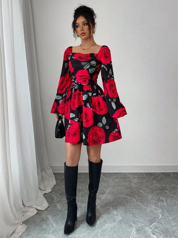 Rose Flower Print Ruched Chest Design Waist Ruched Short Dress With Puff Sleeves, Elegant