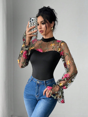 Sexy Fashionable Floral Embroidered Mesh Patchwork Long Sleeve Bodysuit