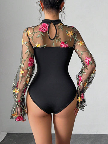 Sexy Fashionable Floral Embroidered Mesh Patchwork Long Sleeve Bodysuit