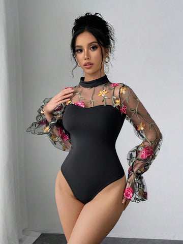 Sexy Fashionable Floral Embroidered Mesh Patchwork Long Sleeve Bodysuit
