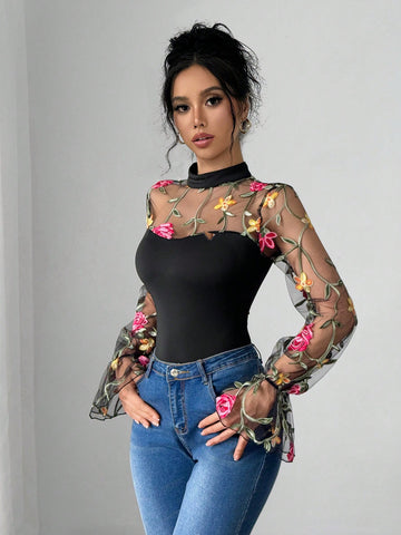 Sexy Fashionable Floral Embroidered Mesh Patchwork Long Sleeve Bodysuit