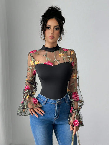 Sexy Fashionable Floral Embroidered Mesh Patchwork Long Sleeve Bodysuit