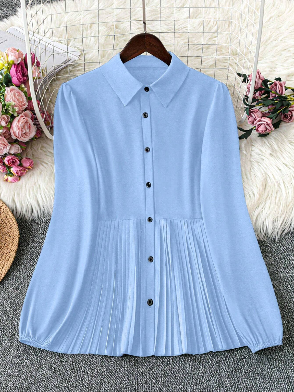 Simple Solid Color Casual Shirt With Turndown Collar And Pleated Hem