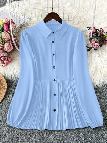 Simple Solid Color Casual Shirt With Turndown Collar And Pleated Hem
