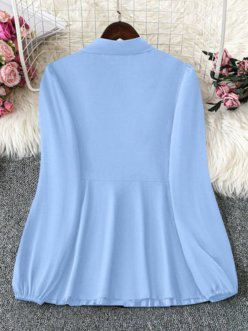 Simple Solid Color Casual Shirt With Turndown Collar And Pleated Hem