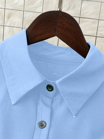 Simple Solid Color Casual Shirt With Turndown Collar And Pleated Hem